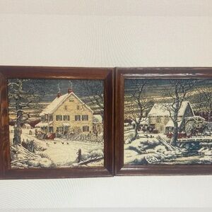 2 Kay 100% Linen Hand Prints Vintage Framed Artwork Winter Farmhouse Scenes